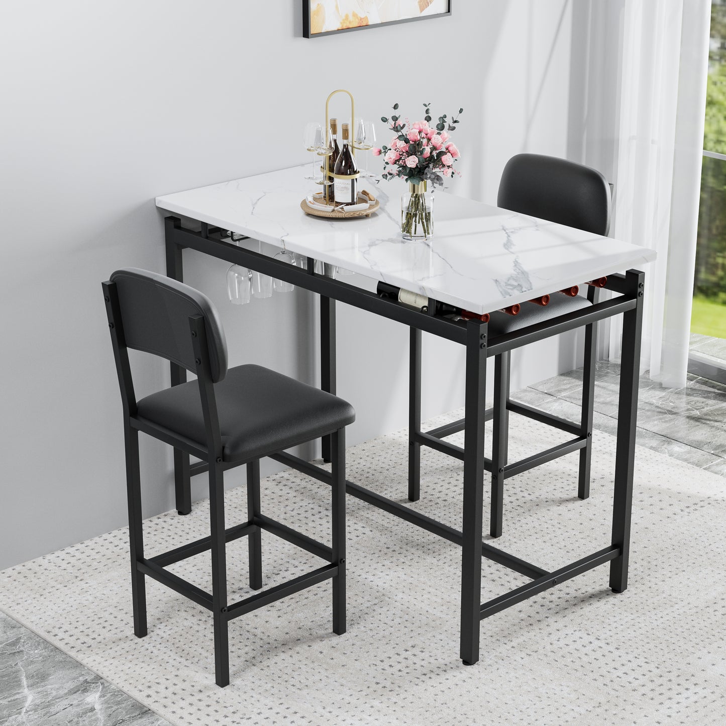 Kitchen Table Set, Dining Table And Chairs For 2, 3 Piece Dining Room Table Set With 2 Upholstered Chairs, Bar Dining Table Set For Small Spaces, Apartment, Breakfast, Pub, Rustic Black