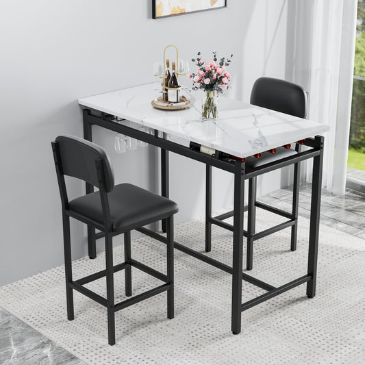 Kitchen Table Set, Dining Table And Chairs For 2, 3 Piece Dining Room Table Set With 2 Upholstered Chairs, Bar Dining Table Set For Small Spaces, Apartment, Breakfast, Pub, Rustic Black