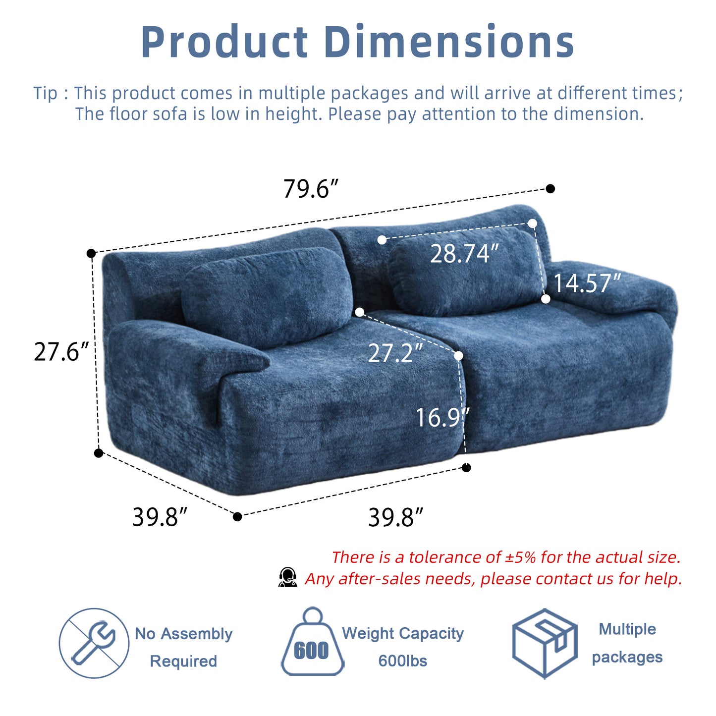 Compression Wave Sofa, Convertible Floor Sofa Bed, DIY Boneless Modular Sectional Sofa, No Assembly Required, Rabbit Velvet Fabric, 2-Seater, Blue