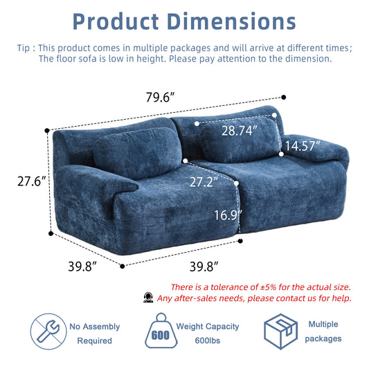 Compression Wave Sofa, Convertible Floor Sofa Bed, DIY Boneless Modular Sectional Sofa, No Assembly Required, Rabbit Velvet Fabric, 2-Seater, Blue