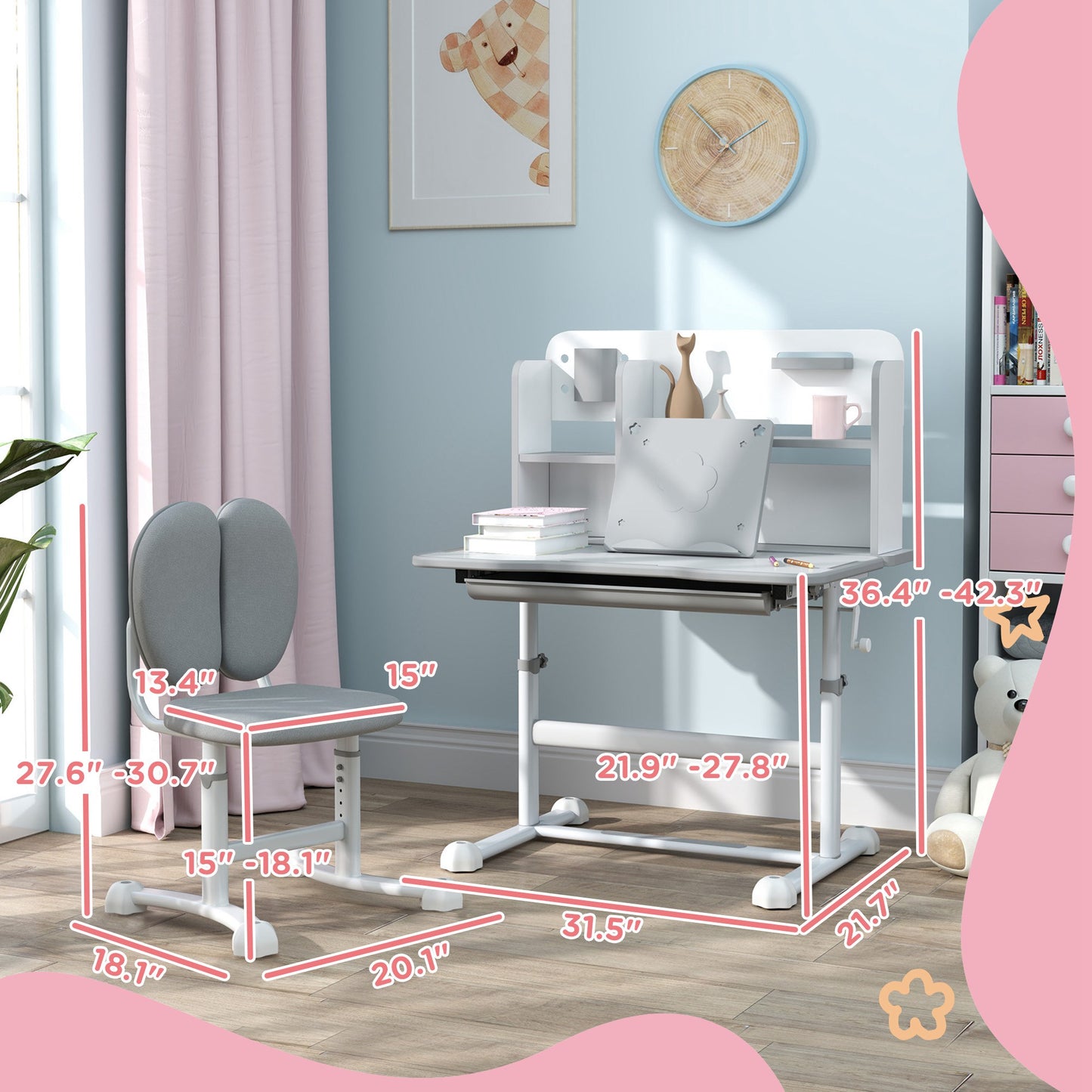 Height Adjustable Kids Desk And Chair Set For Writing Drawing W/ Tilt Desktop, Storage Drawer And Reading Rack, Gray