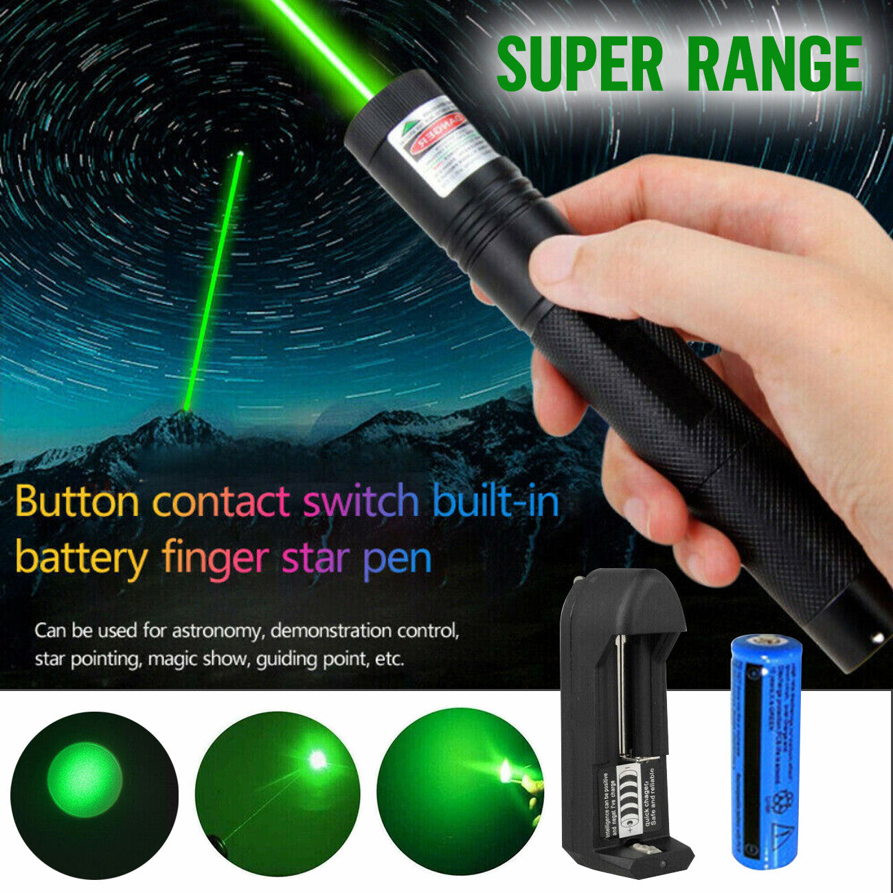 Green Laser Pointer Pen Light 9900Mile Strong Visible Beam Lazer AAA Torch 532nm USB Rechargeable Flashlight
