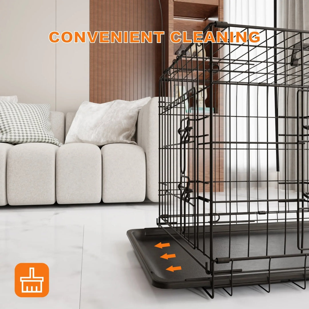 Dog Crate, 42 Inch Large Dog Cage With Divider And Plastic Leak-Proof Pan Tray, Double Door Folding Metal Wire Cage For Indoor, Outdoor, And Travel, Made In Vietnam