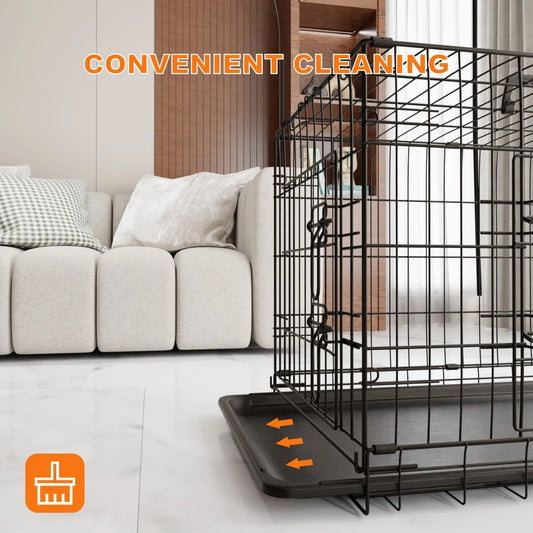 Dog Crate, 42 Inch Large Dog Cage With Divider And Plastic Leak-Proof Pan Tray, Double Door Folding Metal Wire Cage For Indoor, Outdoor, And Travel, Made In Vietnam