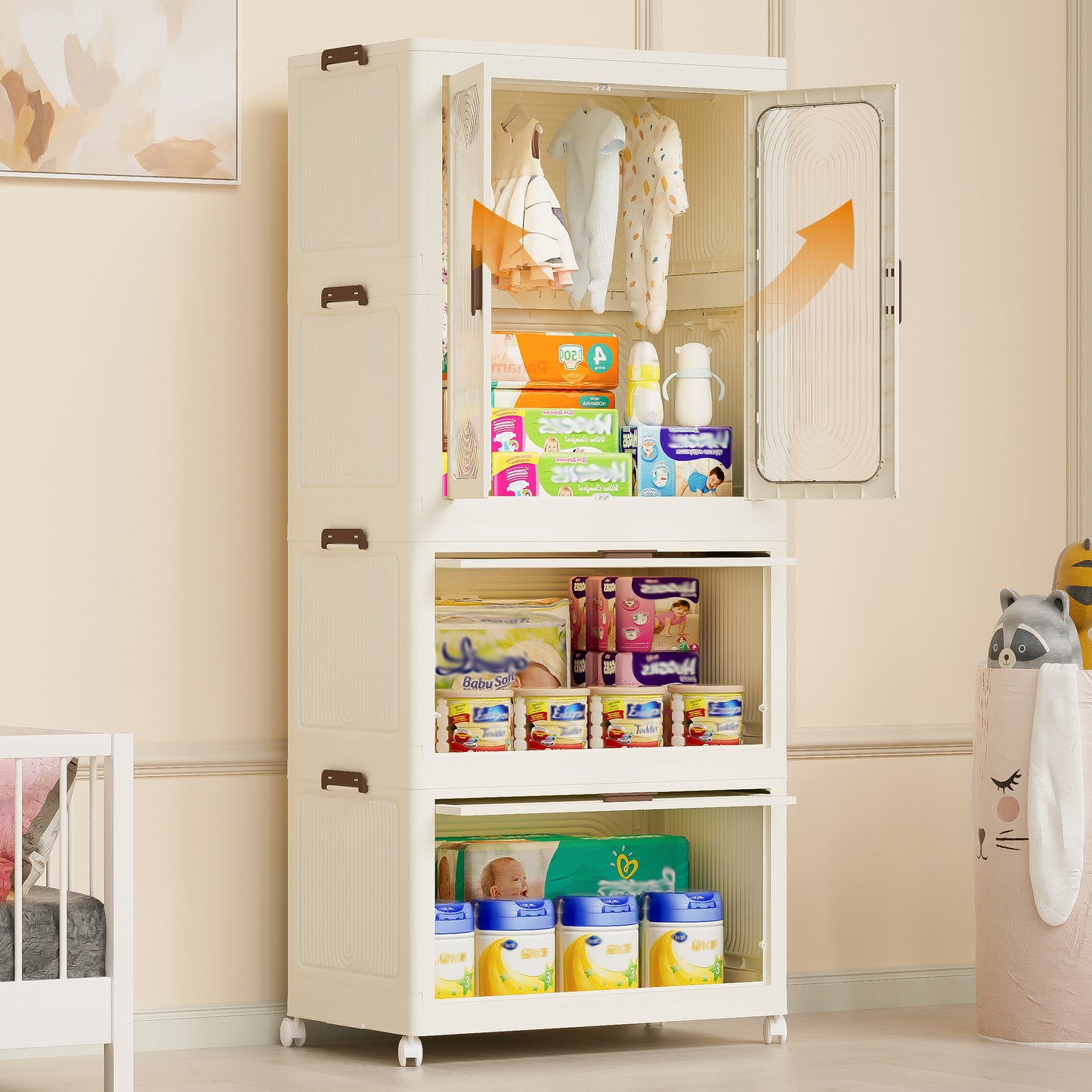 Portable Wardrobe Closet Storage Organizer For Clothes,Clothes Dresser, Magnetic Doors With 4 Cubes &  Hanging Rod,10 Pcs Hangers , Baby Wardrobe Storage Cabinet,White