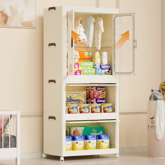 Portable Wardrobe Closet Storage Organizer For Clothes,Clothes Dresser, Magnetic Doors With 4 Cubes &  Hanging Rod,10 Pcs Hangers , Baby Wardrobe Storage Cabinet,White