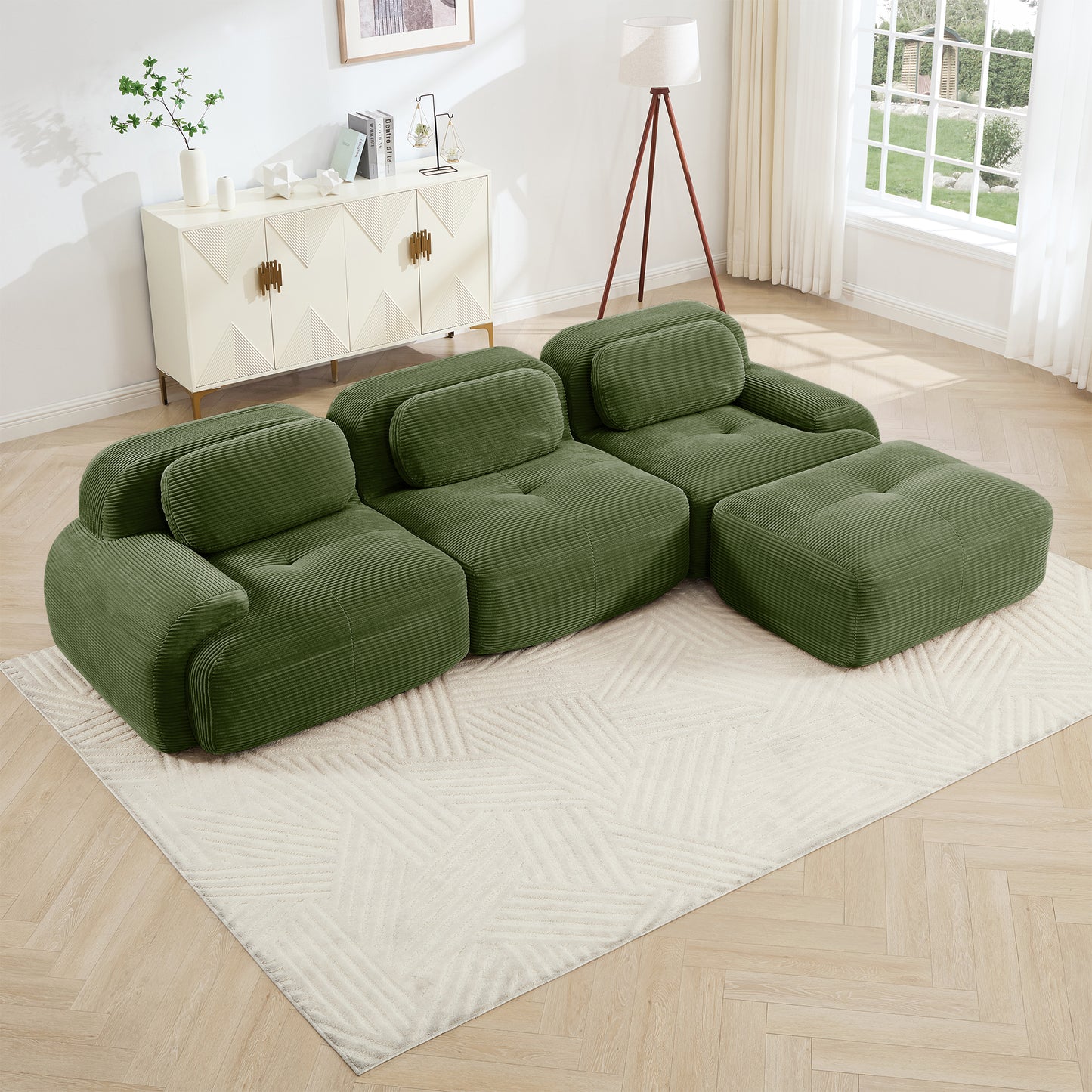 L-shaped Modular Sofa No Assembly Ergonomic Design Pet-friendly LuxuryCorduroy Fabric Fabric Extra-wide Curved Armrests 32D High-resilience Sponge For Living Rooms Bedroom ,Olive Green
