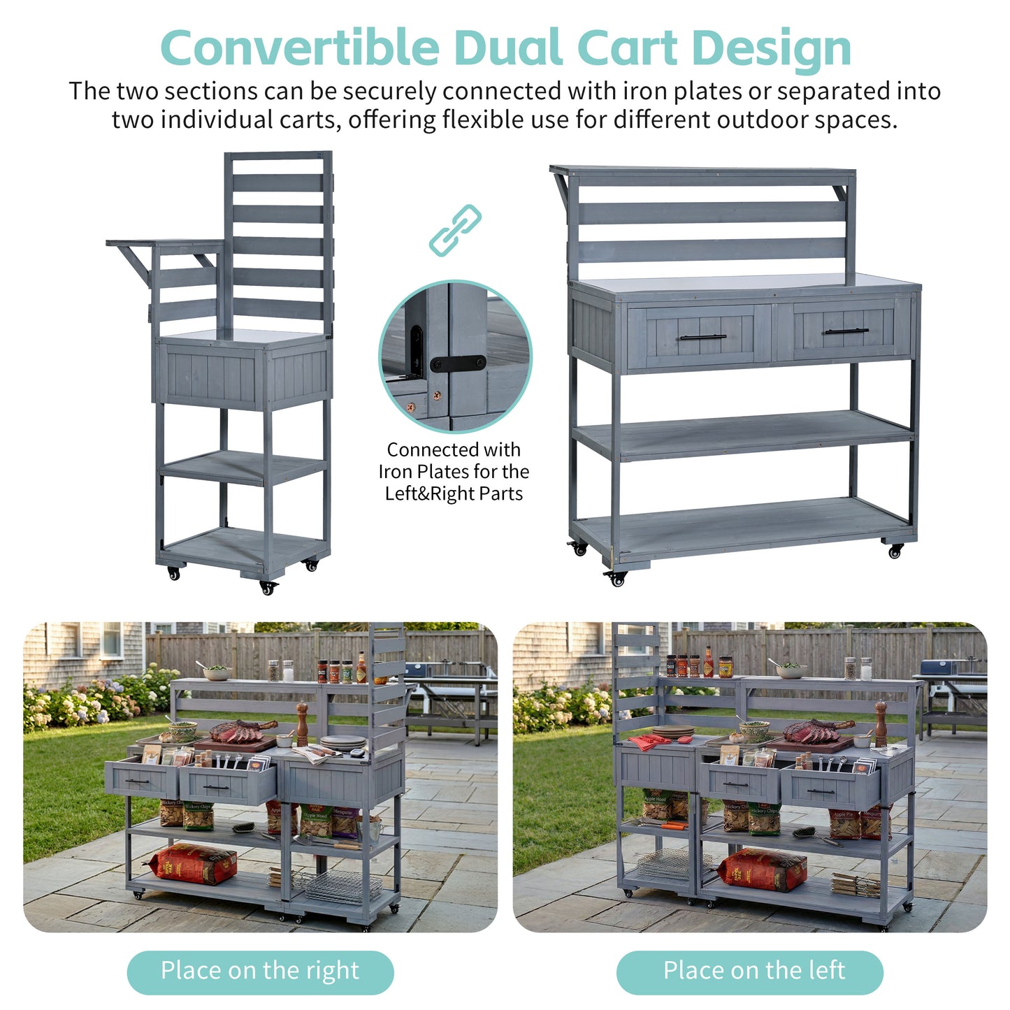 With Assembly Video  TOPMAx 62.3  Patio Kitchen Island Solid Wood Kitchen Cart With Stainless Table Top  Garden Potting Bench With Raised Shelf And Drawers  Grill Prep Table For BBQ  Party  Gray
