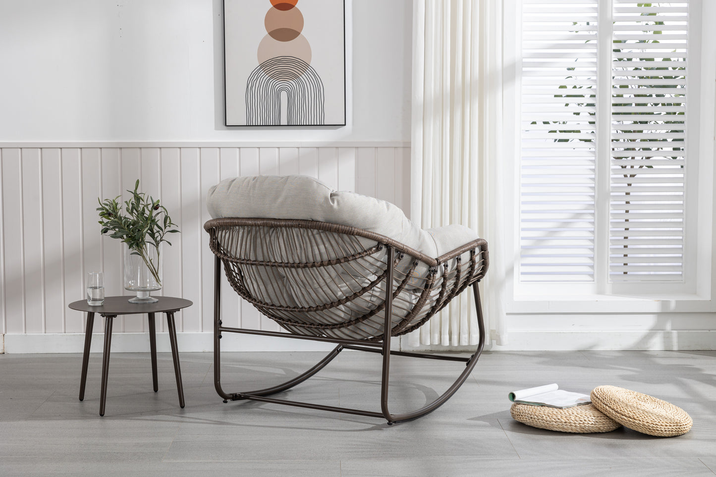 Outdoor Rattan Rocking Chair,Padded Cushion Rocker Recliner Chair Outdoor For Front Porch, Living Room, Patio, Garden, Beige