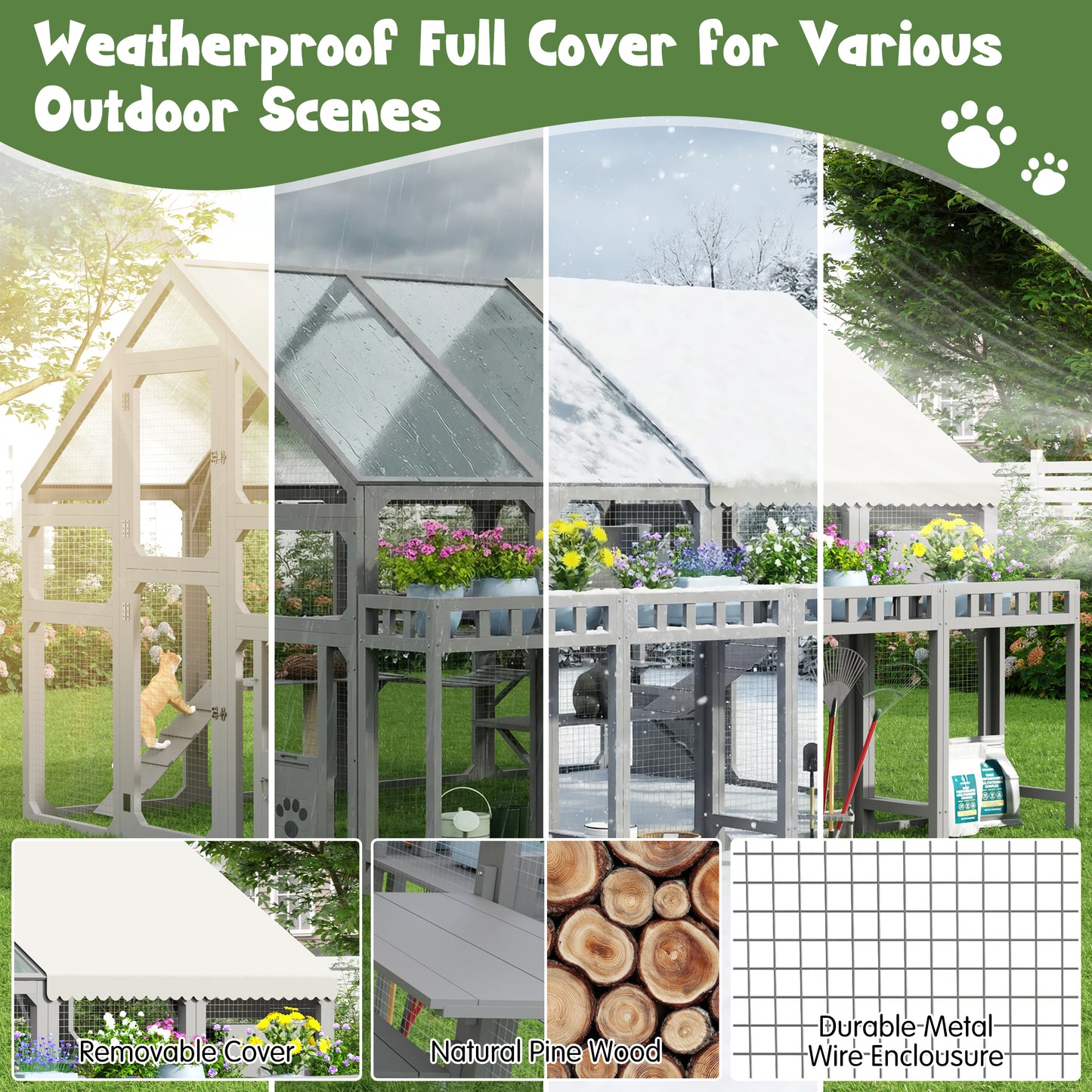 Large Outdoor Cat House With Planter Stand, Wooden Cat Enclosure With Resting Boxes For Multiple Kittens, Hanging Bridge, Platforms,Walk-In Catio Cage  With Waterproof Proof Cover, Grey
