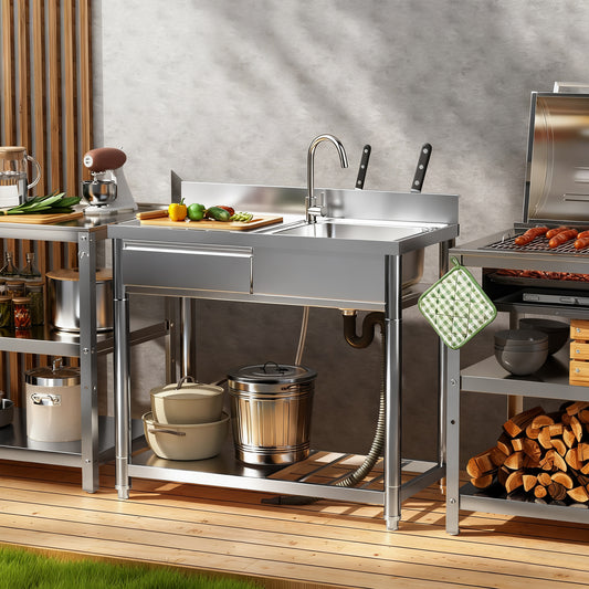 304 Stainless Steel Outdoor Utility Sink With Workbench & Storage Shelf, Freestanding Prep Table With Left Drawer, 39 Garden Patio Sink Station With 360 Hot & Cold Water Faucet