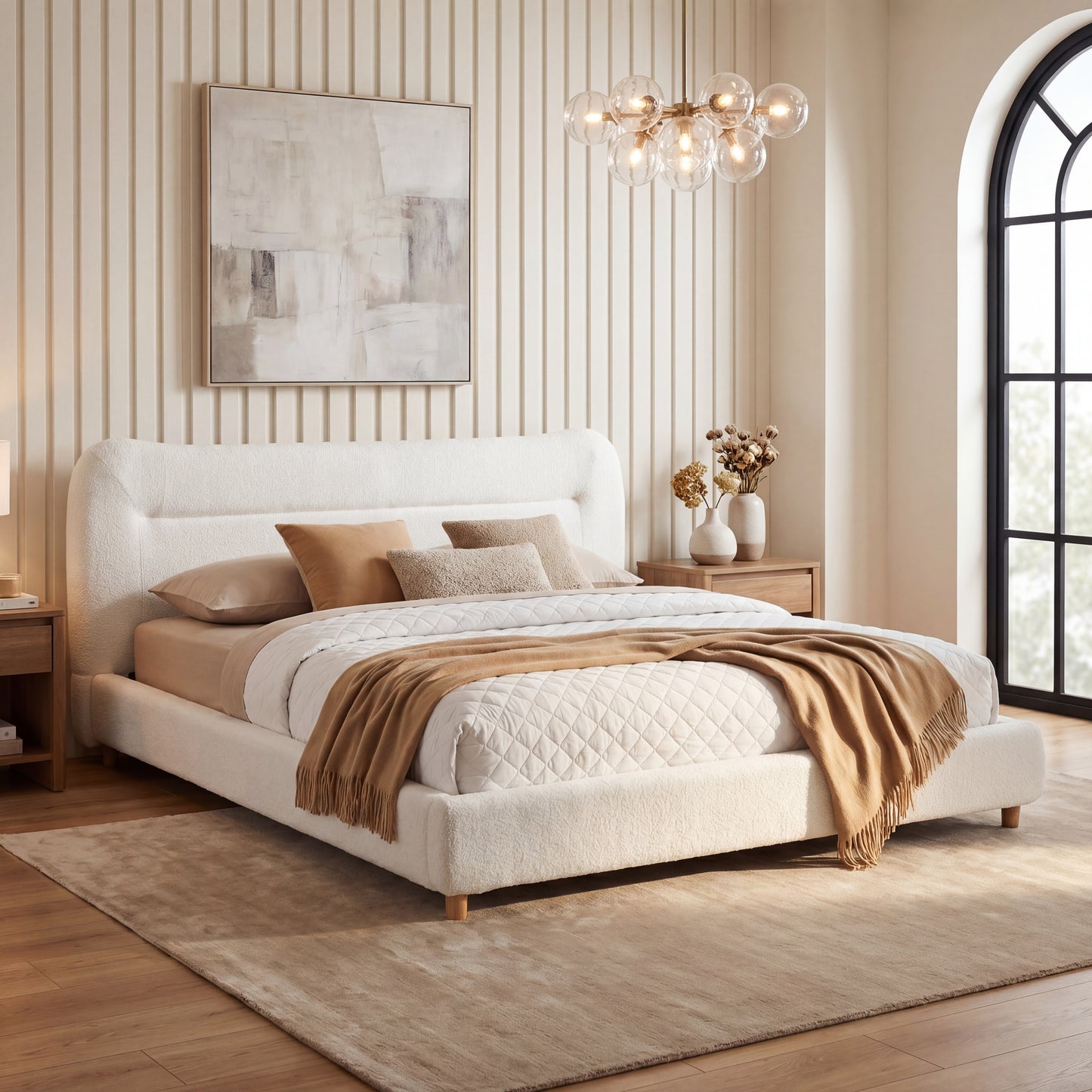 Minimalist Curved Headboard Teddy Bear Plush Bed, Queen, Cream