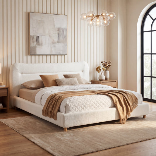 Minimalist Curved Headboard Teddy Bear Plush Bed, King, Cream