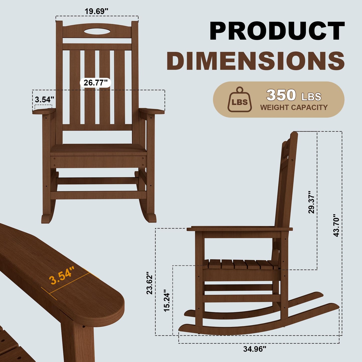 Outdoor Rocking Chair Set Of 2, HDPE Patio Rocking Chair For Adults, Oversized Outdoor Rocker For Porch Garden Lawn,Brown
