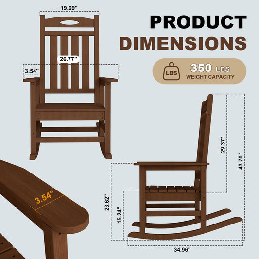 Outdoor Rocking Chair Set Of 2, HDPE Patio Rocking Chair For Adults, Oversized Outdoor Rocker For Porch Garden Lawn,Brown