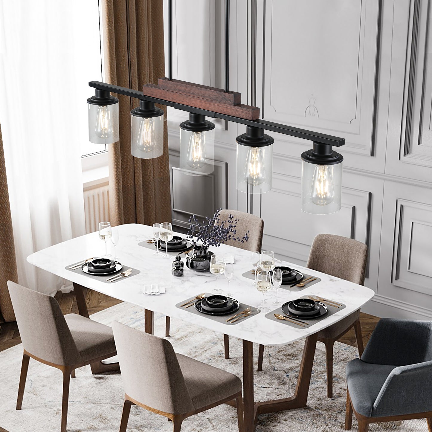 37  Farmhouse Industrial 5-Light Kitchen Island Pendant Light, Metal Wood Chandelier With Clear Glass Shades, Adjustable Height Hanging Fixture For Dining Room, Living Room, Kitchen  No Bulbs