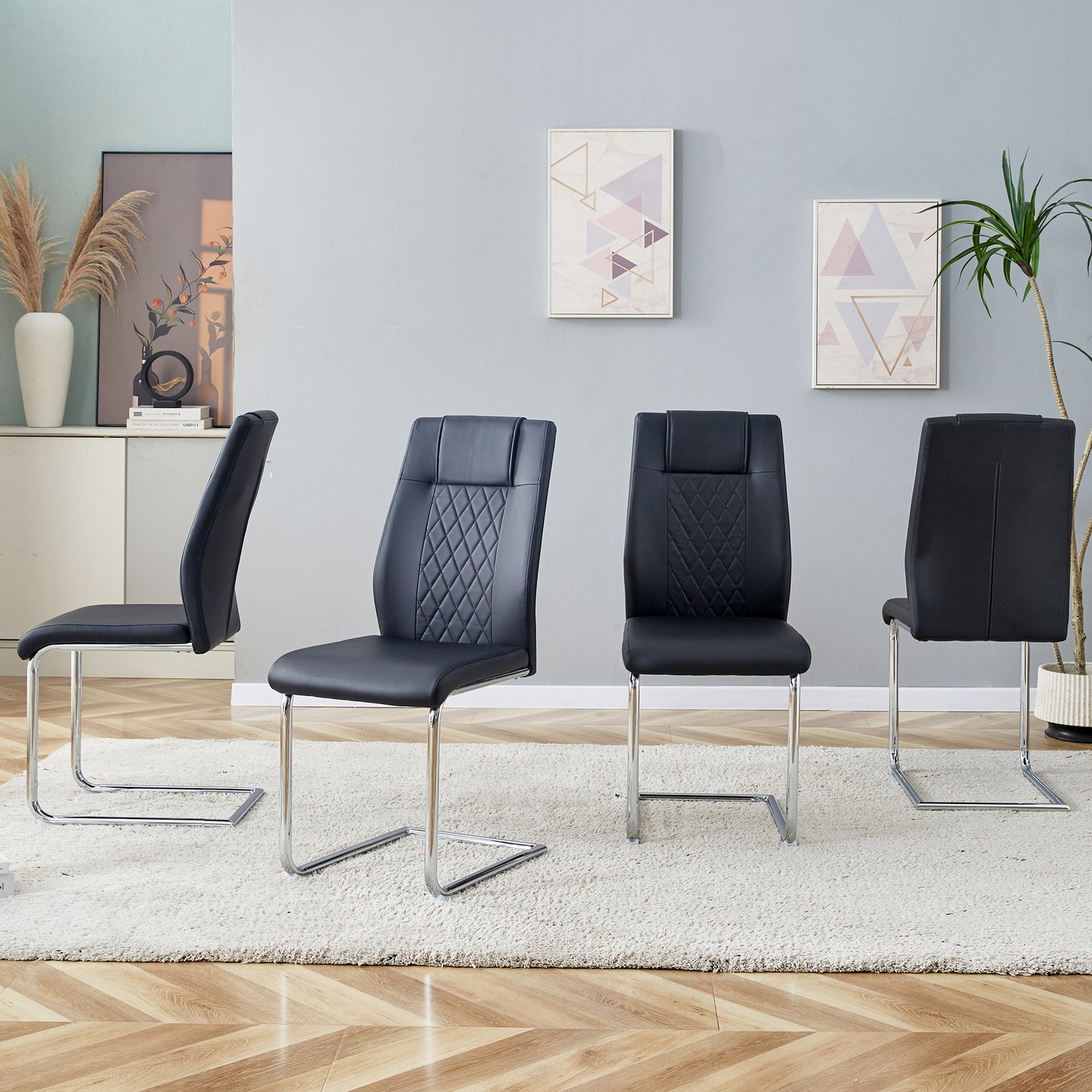 Modern Dining Chairs With Faux Leather Padded Seat Dining Living Room Chairs Upholstered Chair With Metal Legs Design For Kitchen, Living, Bedroom, Dining Room Side Chairs Set Of 8   Black  PU   C-001