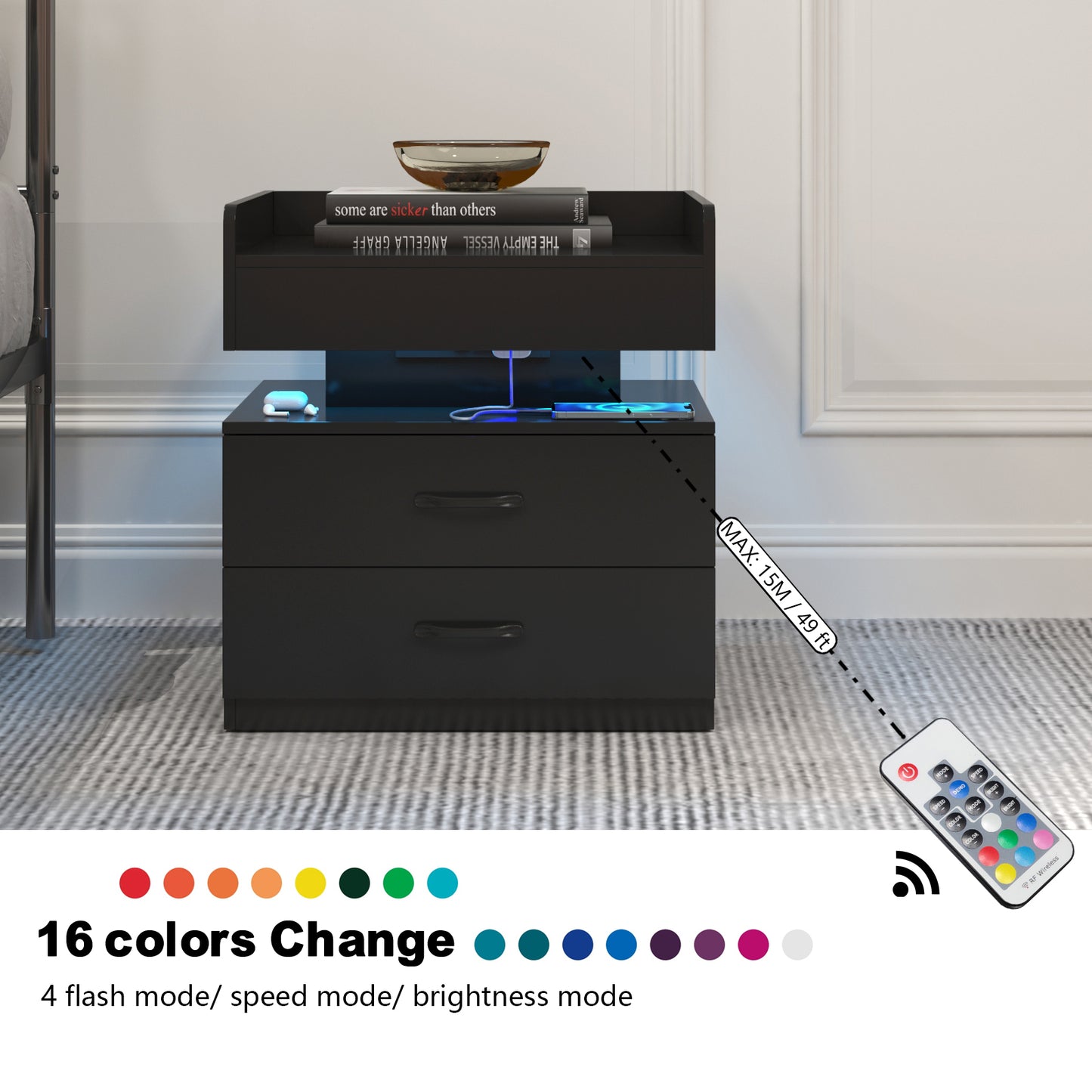 1 Set Nightstand With Adjustable LED Strip Light, 2-drawers, Large Storage Space, Suitable For Bedside Table, Coffee Table, Sofa Side Table Or End Table For Study Desk
