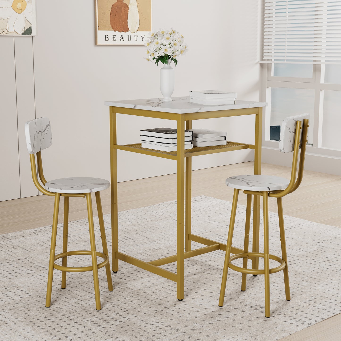 Bar Table, Equipped With 2 Bar Stools , With Backrest And Partition