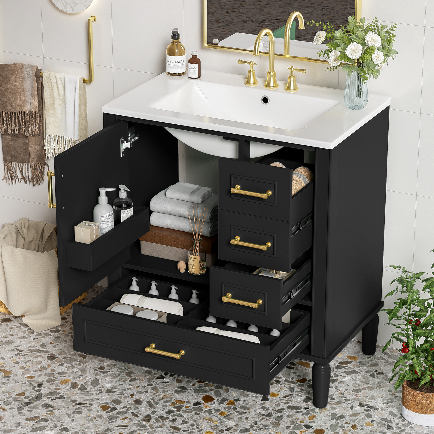 Traditional 30  Black Bathroom Vanity Set, Floor Standing, With Three Drawers, Soft Close Doors, With Long Gold Metal Handles - Perfect For Small Bathrooms