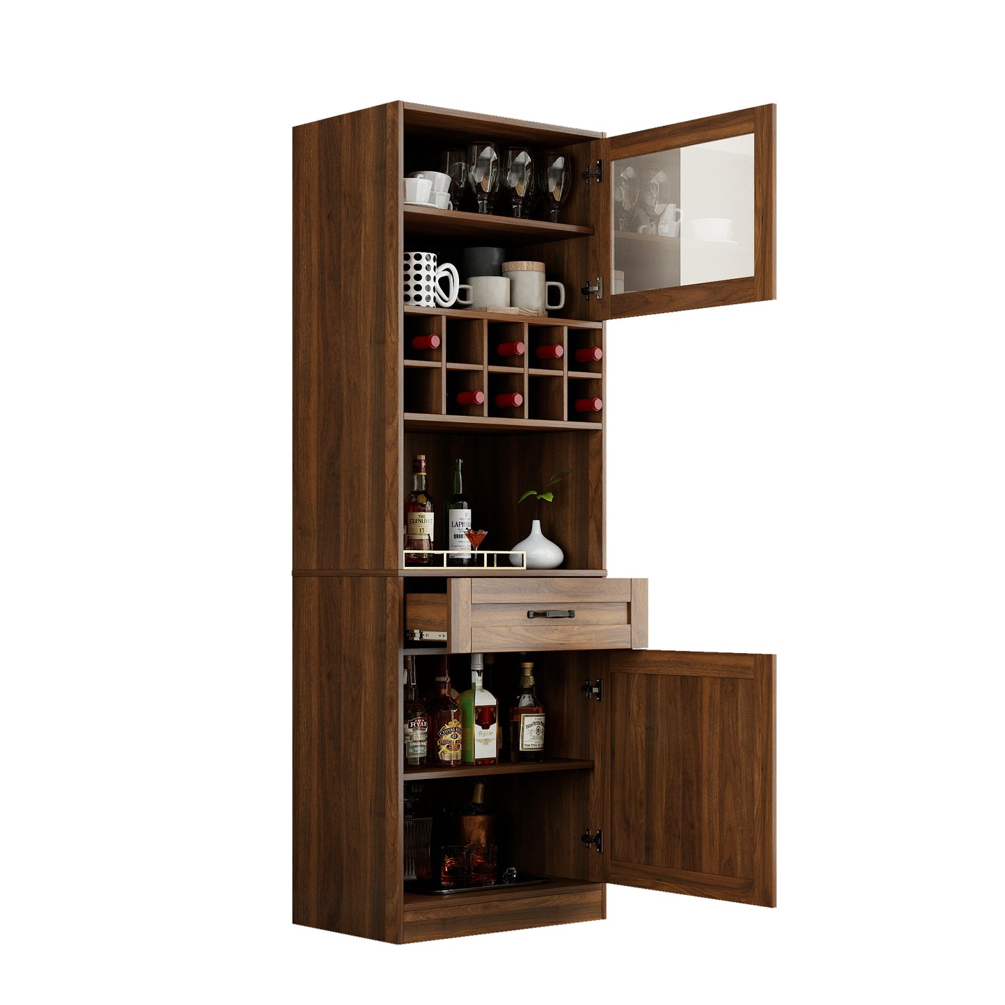 Kitchen Pantry Cabinet With Multi-functional Pull-out Multi-tier Storage Shelf,Farmhouse Storage Cabinet With Glass Doors,Pantry Organizers For Kitchen, Bar Cabinet,Dining Room