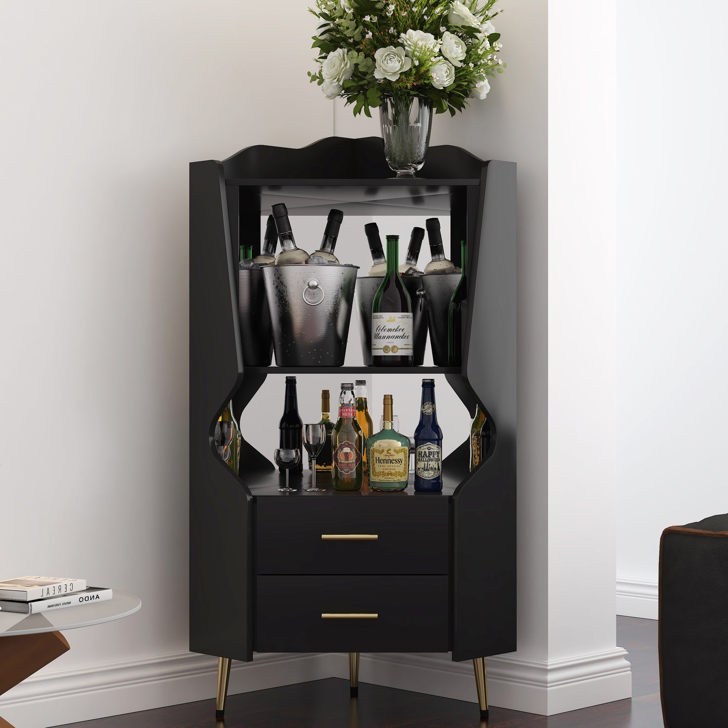 Wooden Corner Bar Cabinet With 2 Open Storage Shelves And 2 Drawers, Mirrored Back Sideboard Cabinet, High Feet Legs For Easy Cleaning, Buffet Cabinet BLACK