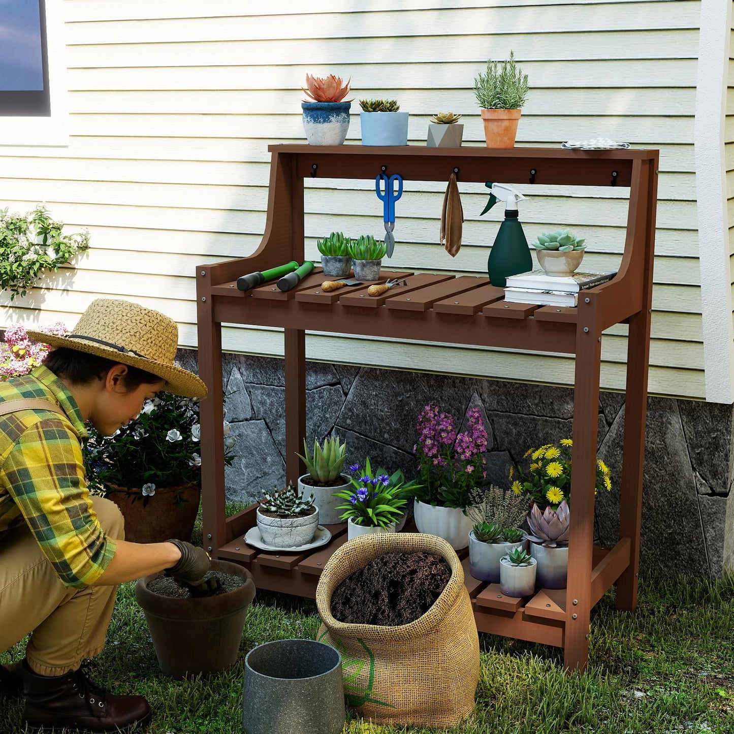 Potting Benches For Outside, HDPE Garden Potting Table All Weather, Outdoor Potting Table With Storage For Patio, Backyard, Garden, Brown