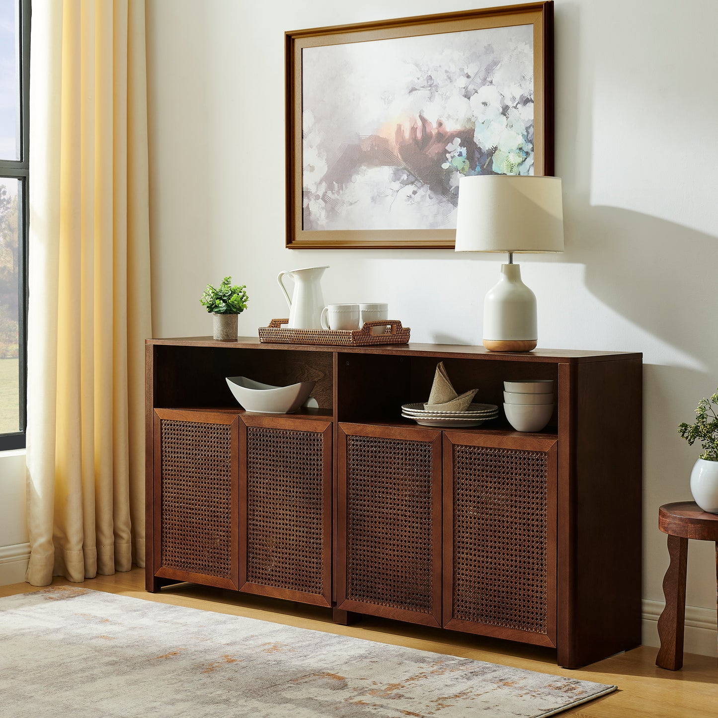 63  Mid Century Modern Rattan Sideboard Buffet Cabinet With Storage, Retro Coffee Bar Wine Bar Credenza, Large Media Console Table For Living Room Entryway Kitchen, Walnut