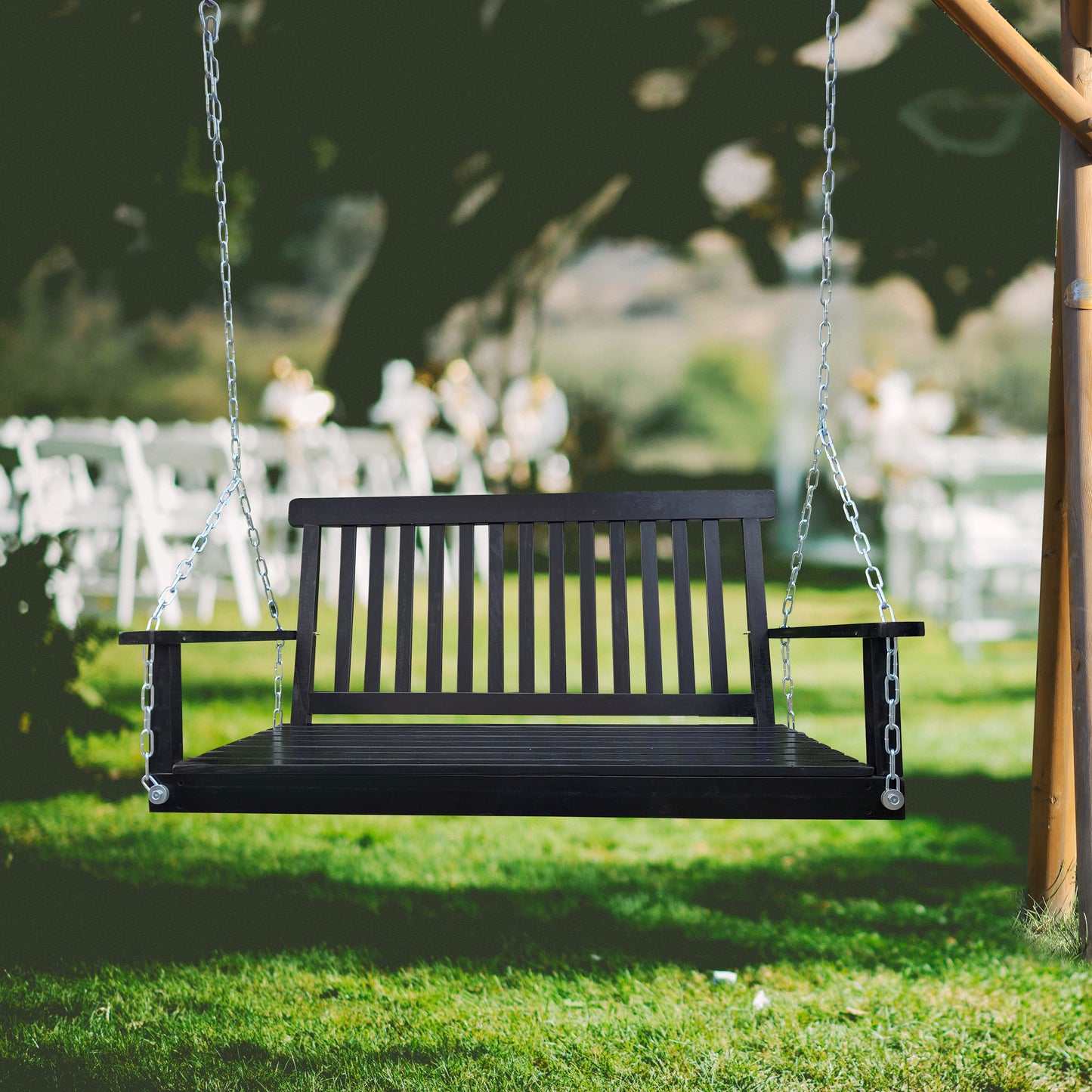 Front Porch Swing With Armrests, Wood Bench Swing With Hanging Chains,for Outdoor Patio ,Garden Yard, Porch, Backyard,  Or Sunroom,Easy To Assemble,black
