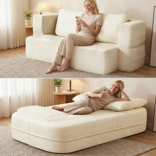Convertible Sofa Bed With Blanket, Boneless Cloud Couch Queen   Fabric For Living Room Bedroom, Modular Loveseat With High-Density Solid Sponge No Assembly,Beige.