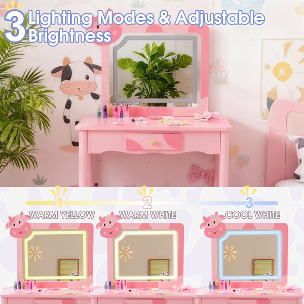 Pink MDF - Solid Wood Legs, Spray Paint - Silkscreen Printing, Cow Pattern, 1-drawer Children's Dressing Table Set, LED Three-color Backlit Touch Switch