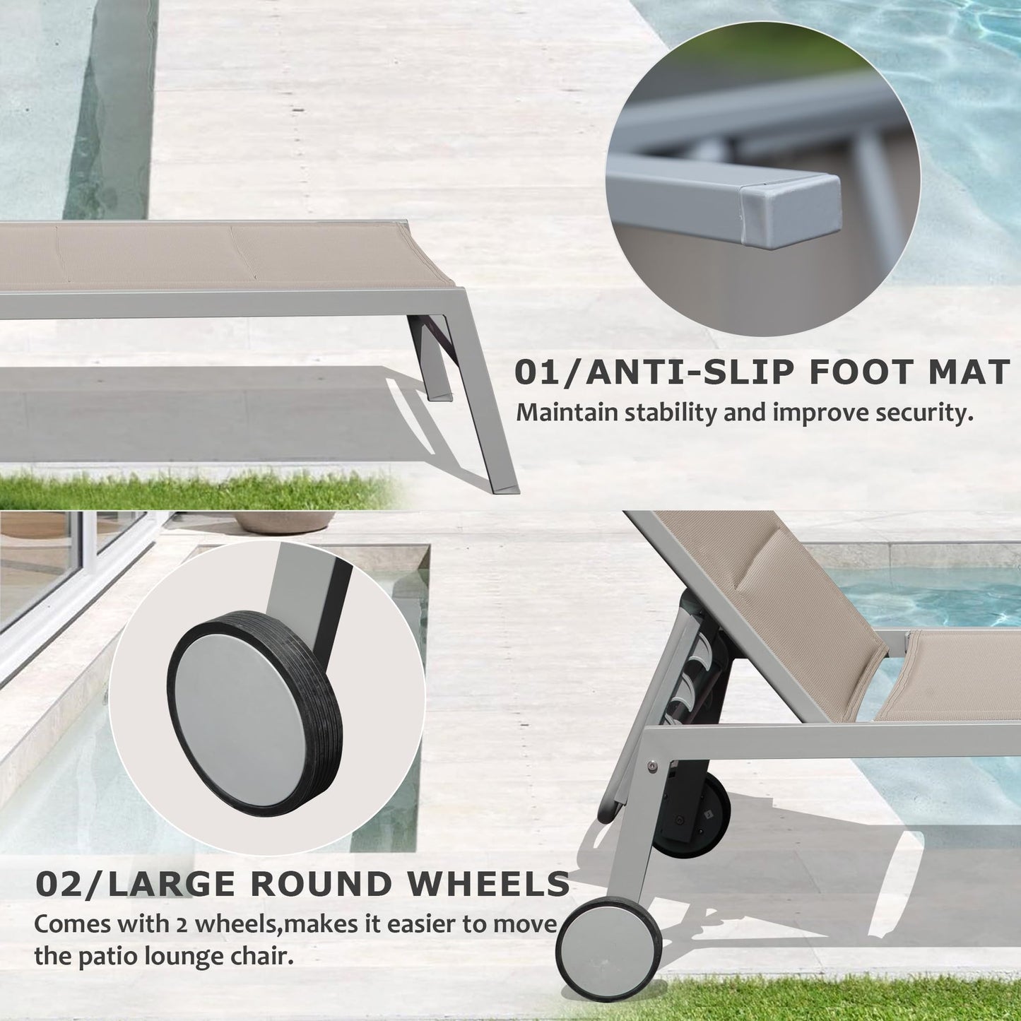 Outdoor Patio Chaise Lounge Set Of 3, Aluminum Pool Lounge Chairs With Side Table And Wheels, Textilene Padded Adjustable Recliner All Weather For Poolside, Beach, Yard, Balcony   Khaki