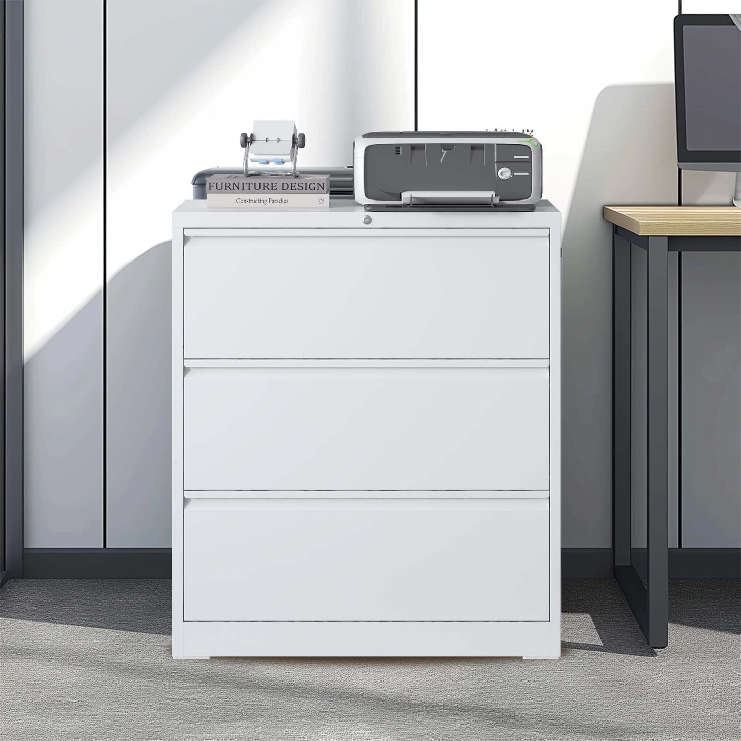3 Drawer Lateral File Cabinet, 35.4 Inch Wide Metal Filing Cabinet, Locking Heavy Duty File Cabinet For Home Office, Anti-Tip Safety Interlock, Vertical Storage For Letter Legal A4 Files