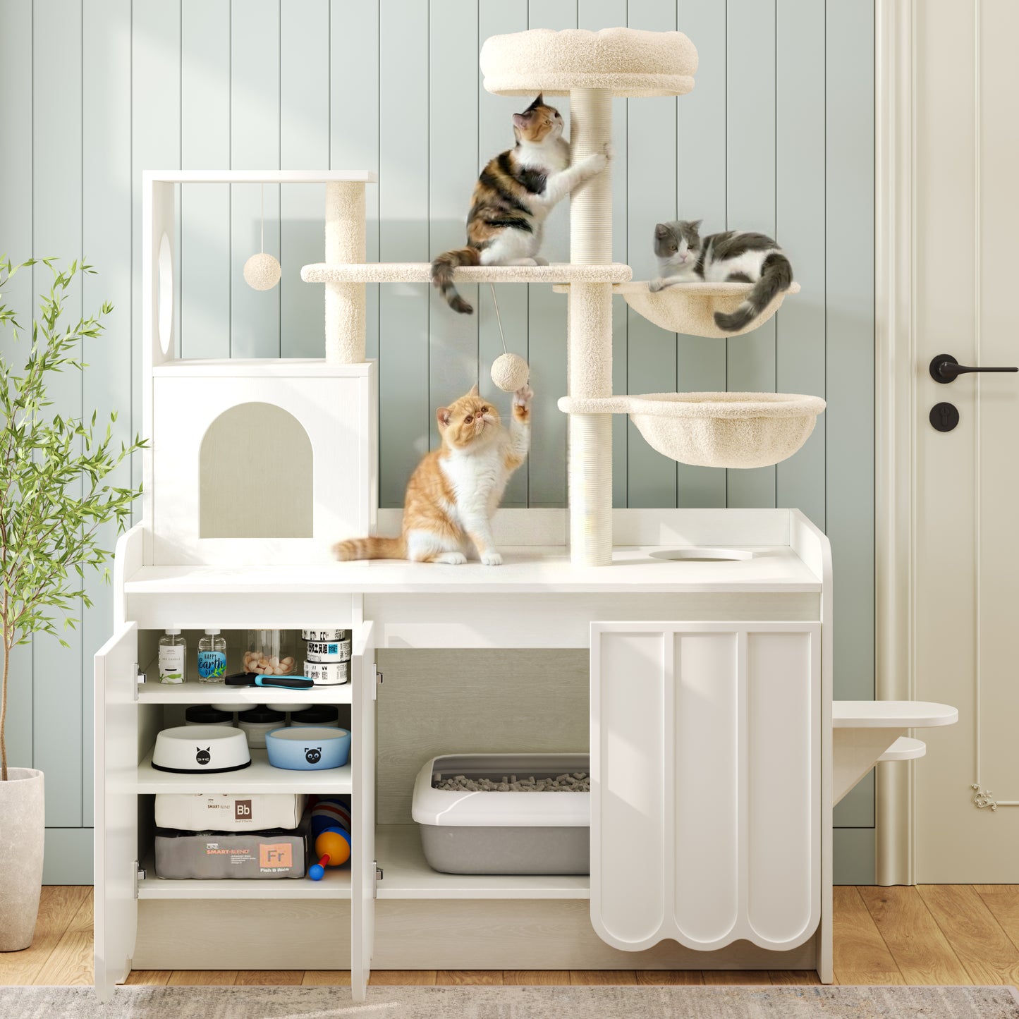 50.6  Cat Tree With Litter Box Enclosure, 5Cat Tower With Sisal Scratching Post And Storage Space, Hidden Litter Enclosure Furniture, All-in-One Modern Cat Condo With House, Hammock And Perch, White