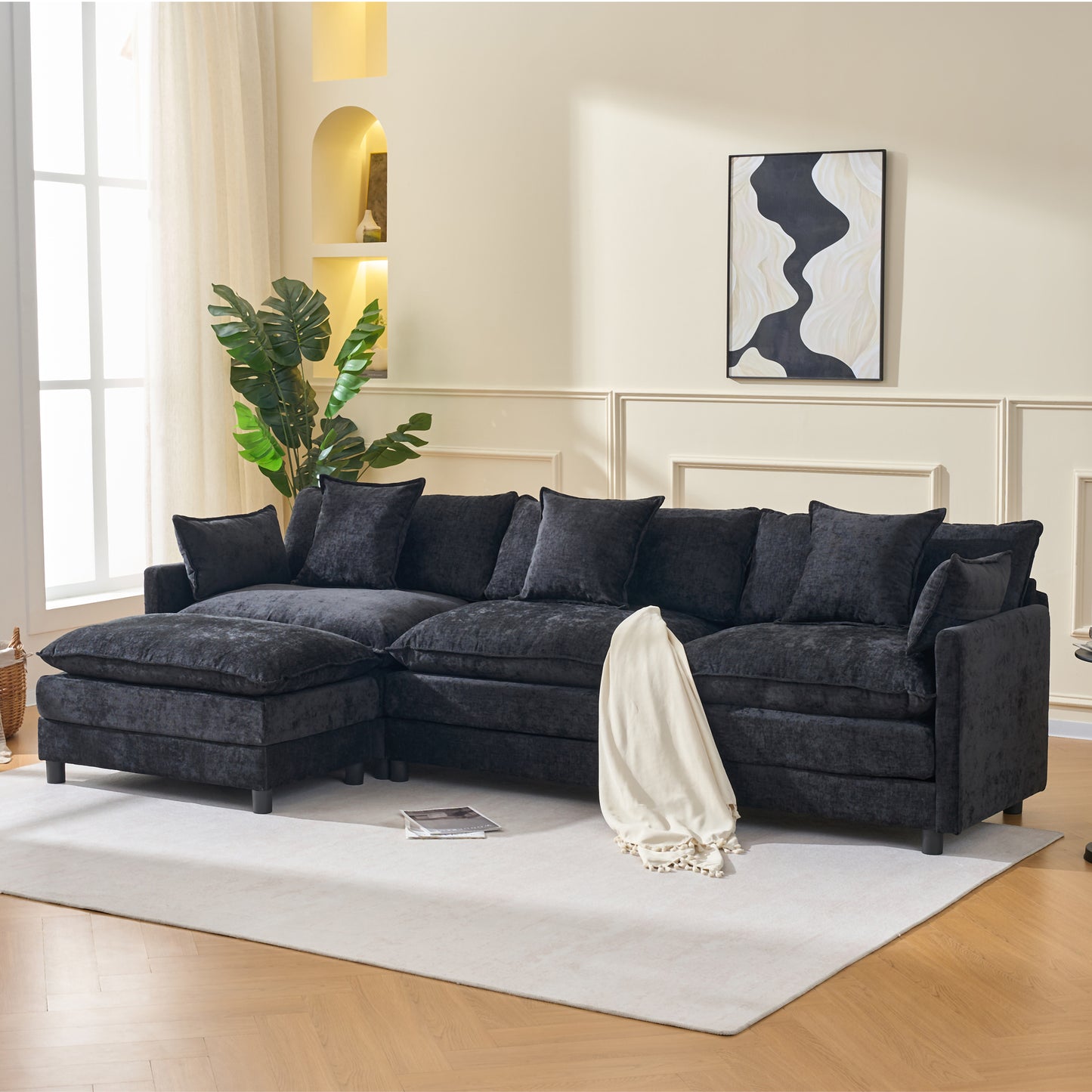 108  L Shaped Modern Sofa Modular Sectional Cloud Couch With Ottoman, 4 Seat Chenille Deep Seat Sofa With Pillow For Living Room, Bedroom And Apartment