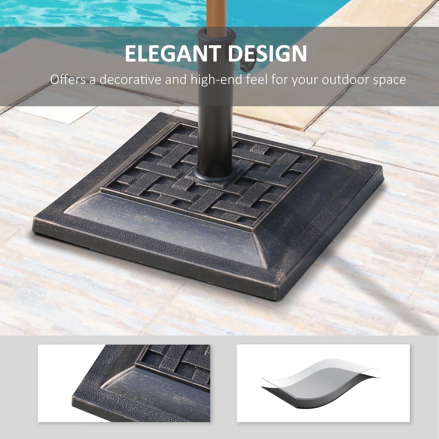 20 Lbs Patio Market Umbrella Base Stand Resin Parasol Holder Square With Beautiful Decorative Pattern & Easy Setup, For Φ1.5", Φ1.89" Pole, For Beach, Lawn, Deck, Backyard, Garden, Bronze