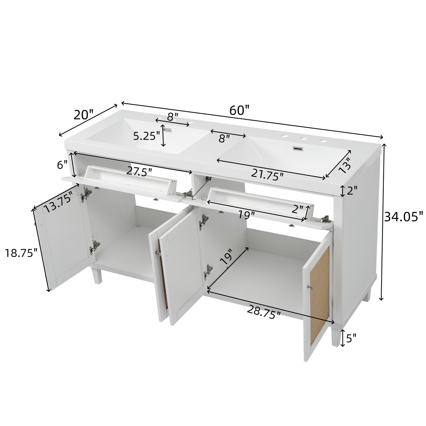 60 Inch Bathroom Vanity With Double Sink   SMC Sink  , Large Storage Space With 2 Tip-Out Trays   Flip-Out Drawers And 4 Soft Closing Doors, Solid Wood Legs And Silver Metal Knobs, White