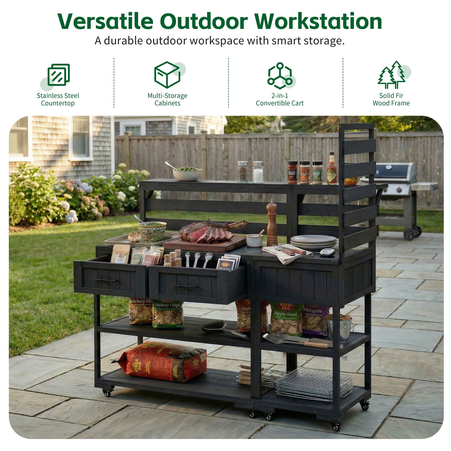 With Assembly Video  TOPMAx 62.3  Patio Kitchen Island Solid Wood Kitchen Cart With Stainless Table Top  Garden Potting Bench With Raised Shelf And Drawers  Grill Prep Table For BBQ  Party  Black