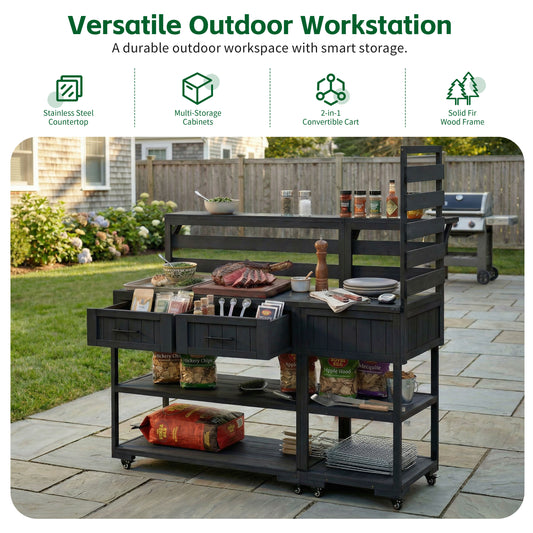 With Assembly Video  TOPMAx 62.3  Patio Kitchen Island Solid Wood Kitchen Cart With Stainless Table Top  Garden Potting Bench With Raised Shelf And Drawers  Grill Prep Table For BBQ  Party  Black