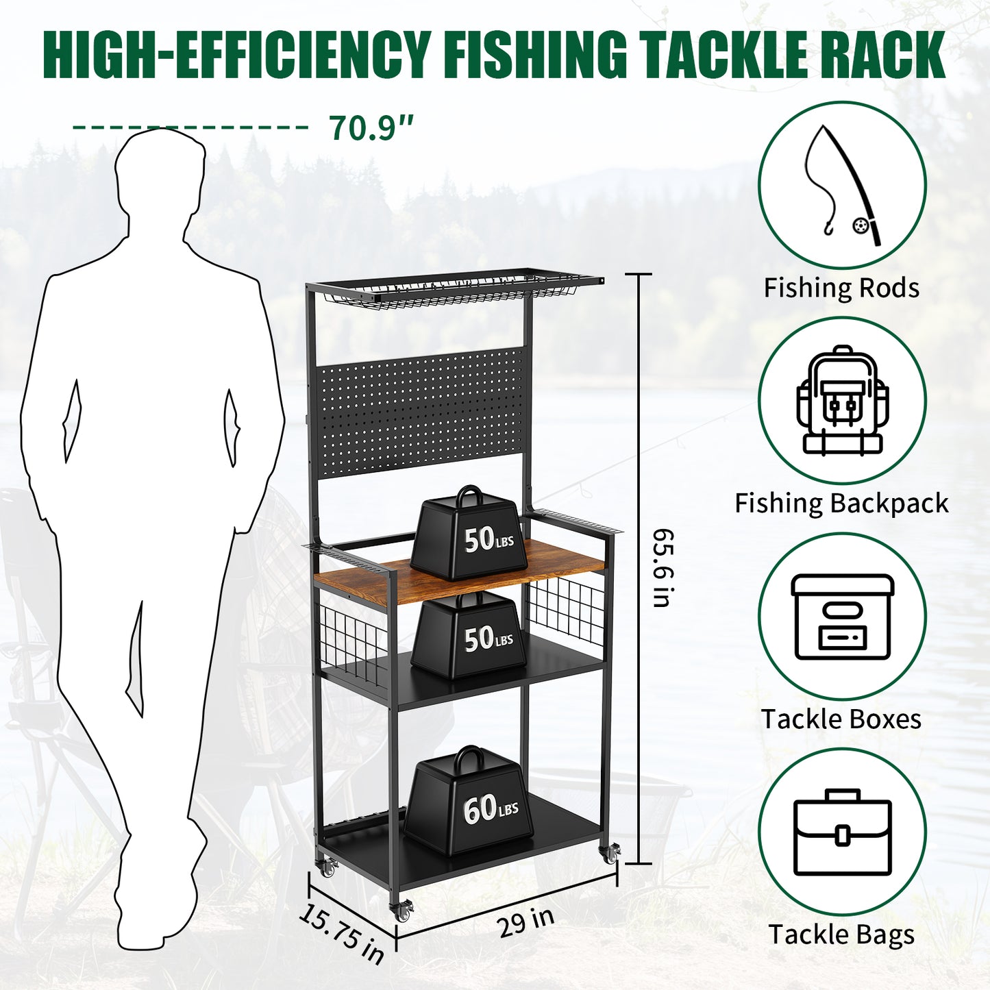 Fishing Rod Storage Rack With Pegboard, Rolling Tackle Organizer Cart, Multi-Tier Fishing Gear Stand For Rods, Reels, Tackle Boxes & Bags, Heavy Duty Metal Holders With Lockable Wheels