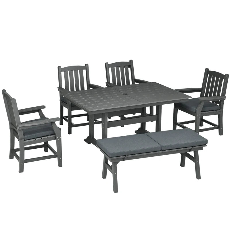 6 Pieces Patio Dining Set, 6 Seater Outdoor Table And Chairs, Conversation Furniture, Armrests, Loveseat Bench, Dinner Table With Umbrella Hole, Cushions, Dark Gray