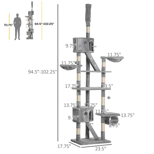 Floor To Ceiling Cat Tree, 94.5-102.5 Inch Height Adjustable Cat Climbing Tower With Scratching Posts, Condos, Hammocks