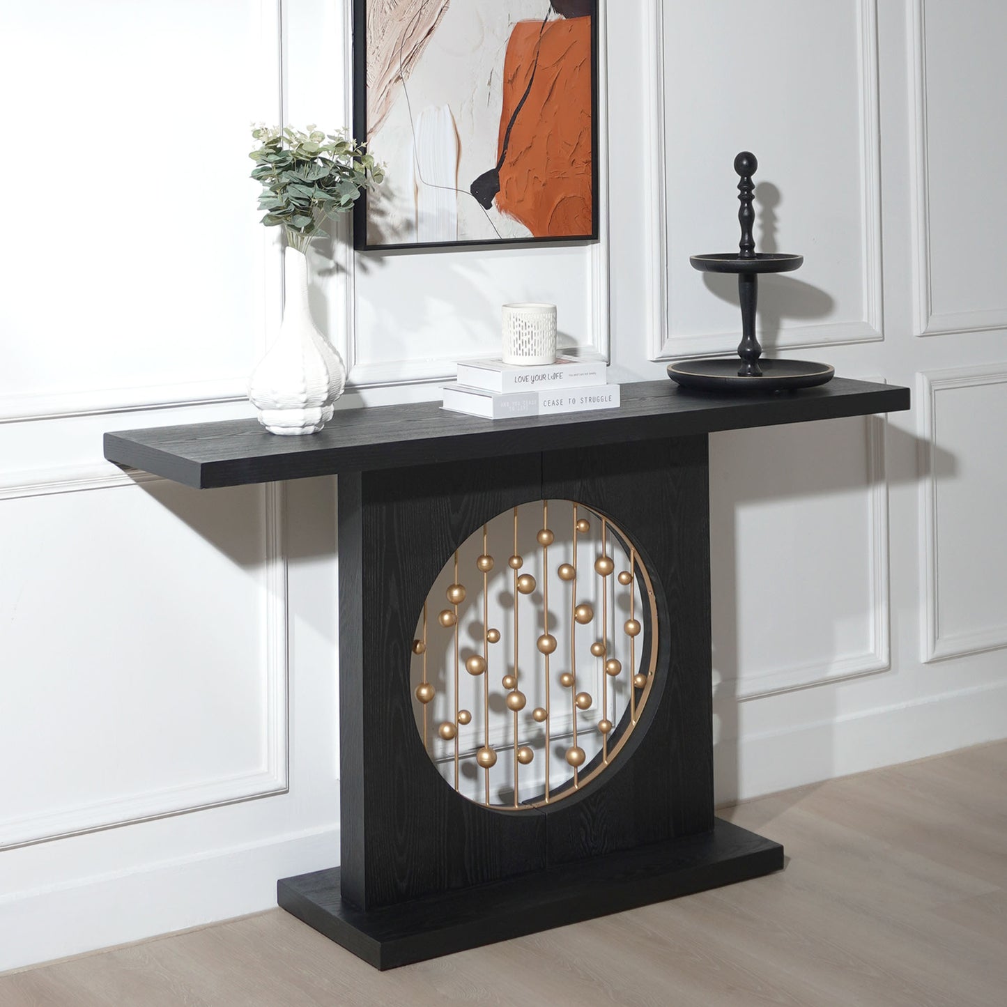 Modern Black Console Table With Gold Accent, Decorative Entryway Table,56in Wood Console Table, Narrow Sofa Table For Entrance, Living Room, Hallway