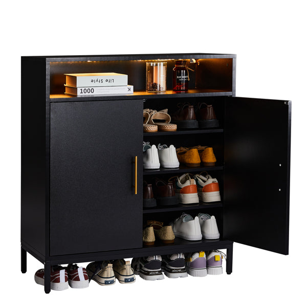 Double Door 6-Layer Shoe Cabinet With High Foot LED Lights Particle Board 80x38x90cm Black