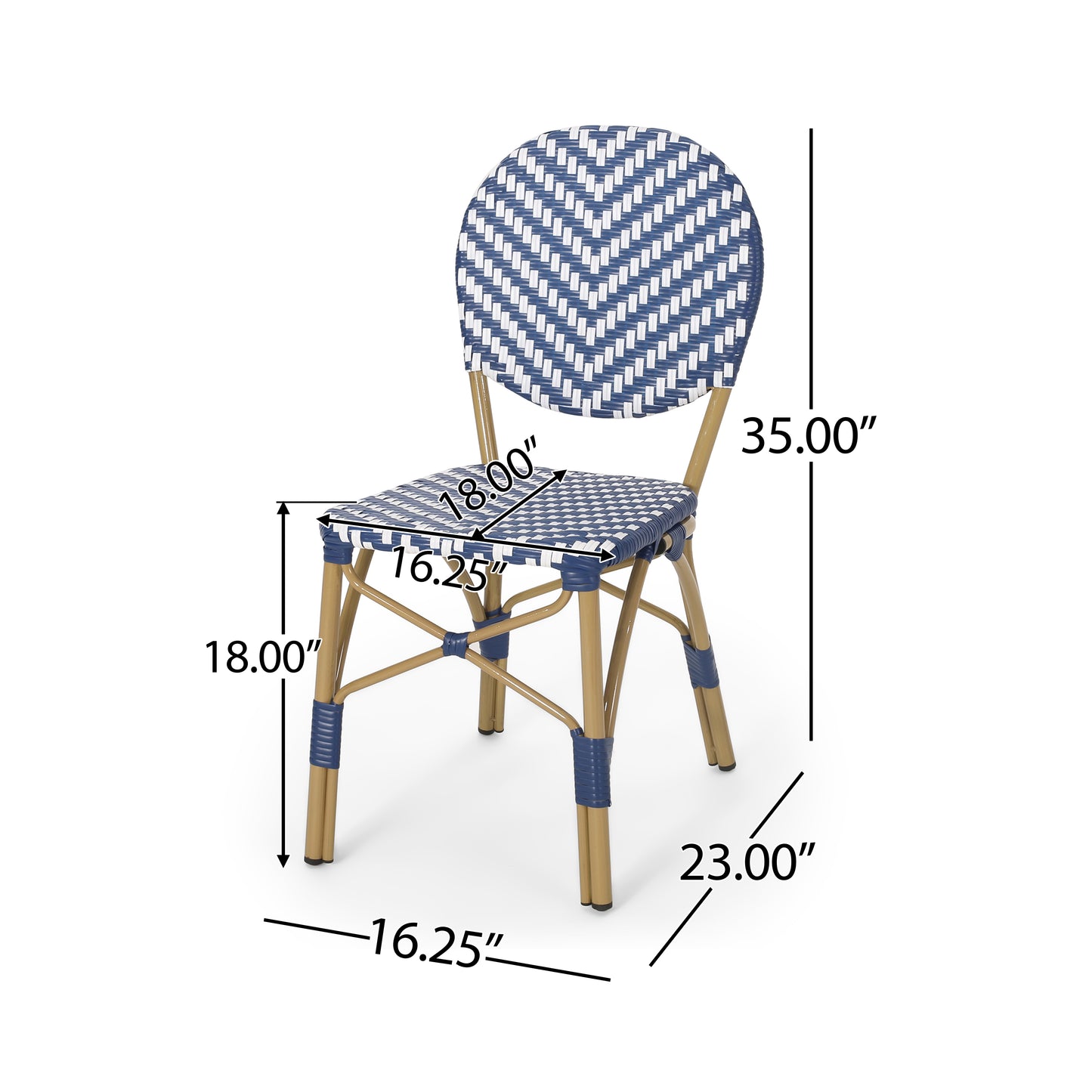 Outdoor PE Ratten And Aluminum French Armless Bistro Chairs, Set Of 2, Navy Blue, Bamboo Print Finish