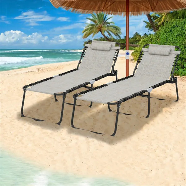 Oversized Patio Chaise Lounge, 27 Wide 4-Position Adjustable Backrest Folding Tanning Chair-Gray