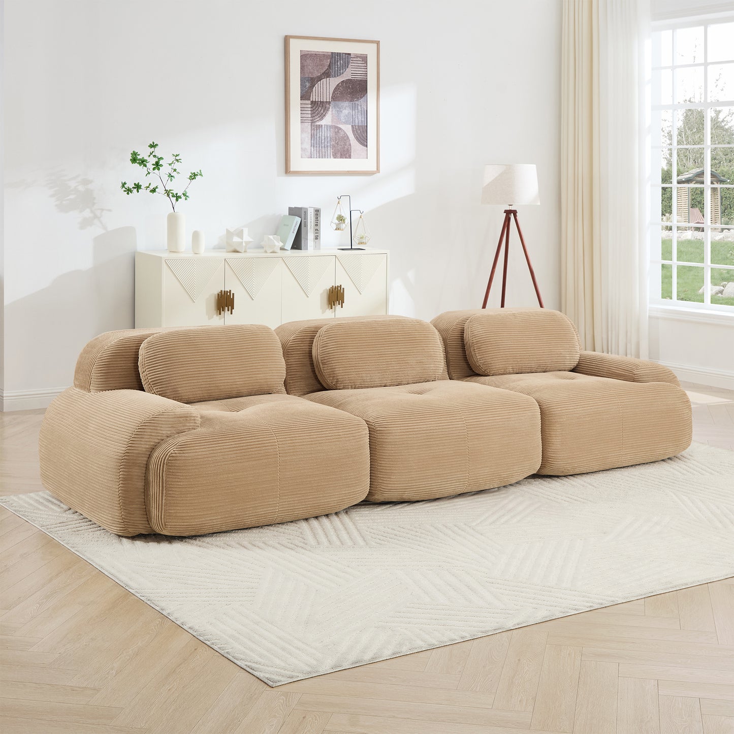 3-seat Sofa PremiumCorduroy Fabric Fabric Modular Multi-combination Anti-slip Design No Assembly Curved Armrests Ergonomic Support High-resilience Sponge For Living Rooms Bedrooms,Camel