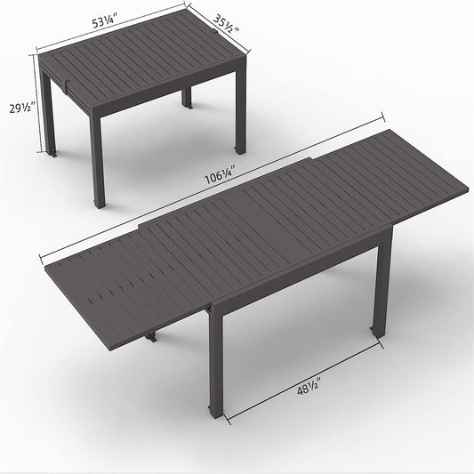 Large Extendable Patio Dining Table, Aluminum Metal Indoor Outdoor 53 - 106  Adjustable For 6-8 Person Rectangular Table For Porch Backyard Balcony Garden  Dark-Brown,1 Table