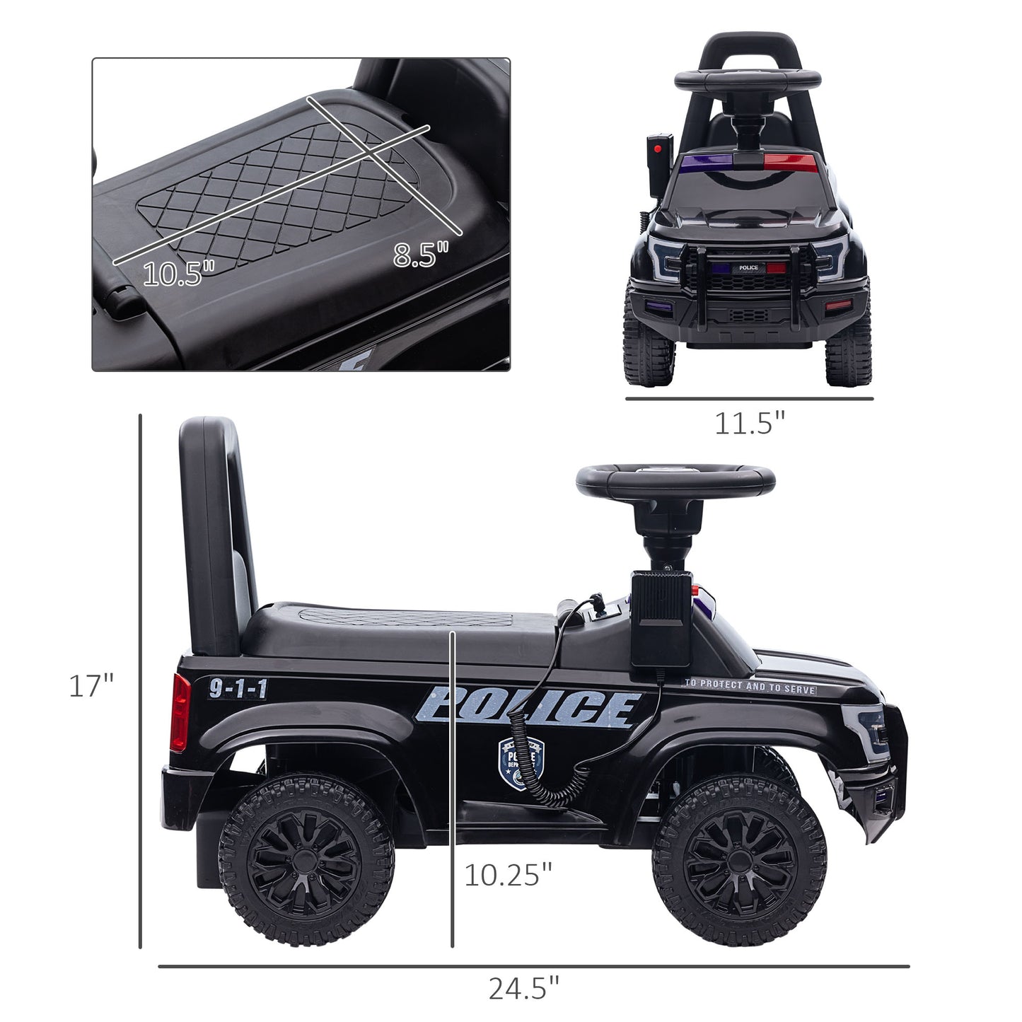 Kids Push Ride On Car With Working PA System And Horn, Police Truck Style  Foot-to-Floor Sliding Car For Boys And Girls With Under-Seat Storage, For 18 Months To 5 Years Old, Black