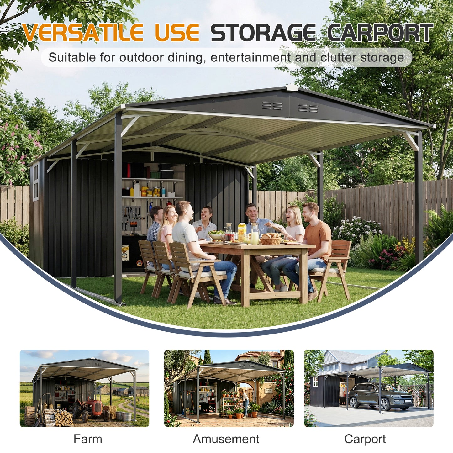 12'x23' Metal Carport Storage Shed, Heavy Duty Steel Garage With Sliding Door, UV Panel & Waterproof Sloped Roof, Reinforced Structure For Car Boat Tractor Farm - Grey